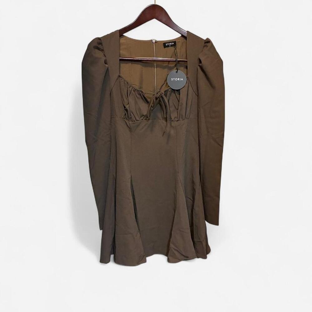 NWT Storia Mocha Square Neck Long Sleeve Tie Front Mini‎ Dress Sz M Cottage Core